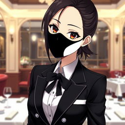 A stylish anime female character featuring a half black and half white mask that covers her face, adding a touch of mystery to her appearance