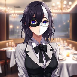 An enchanting anime female character wearing a half black and half white mask that covers her face, adding a layer of mystique