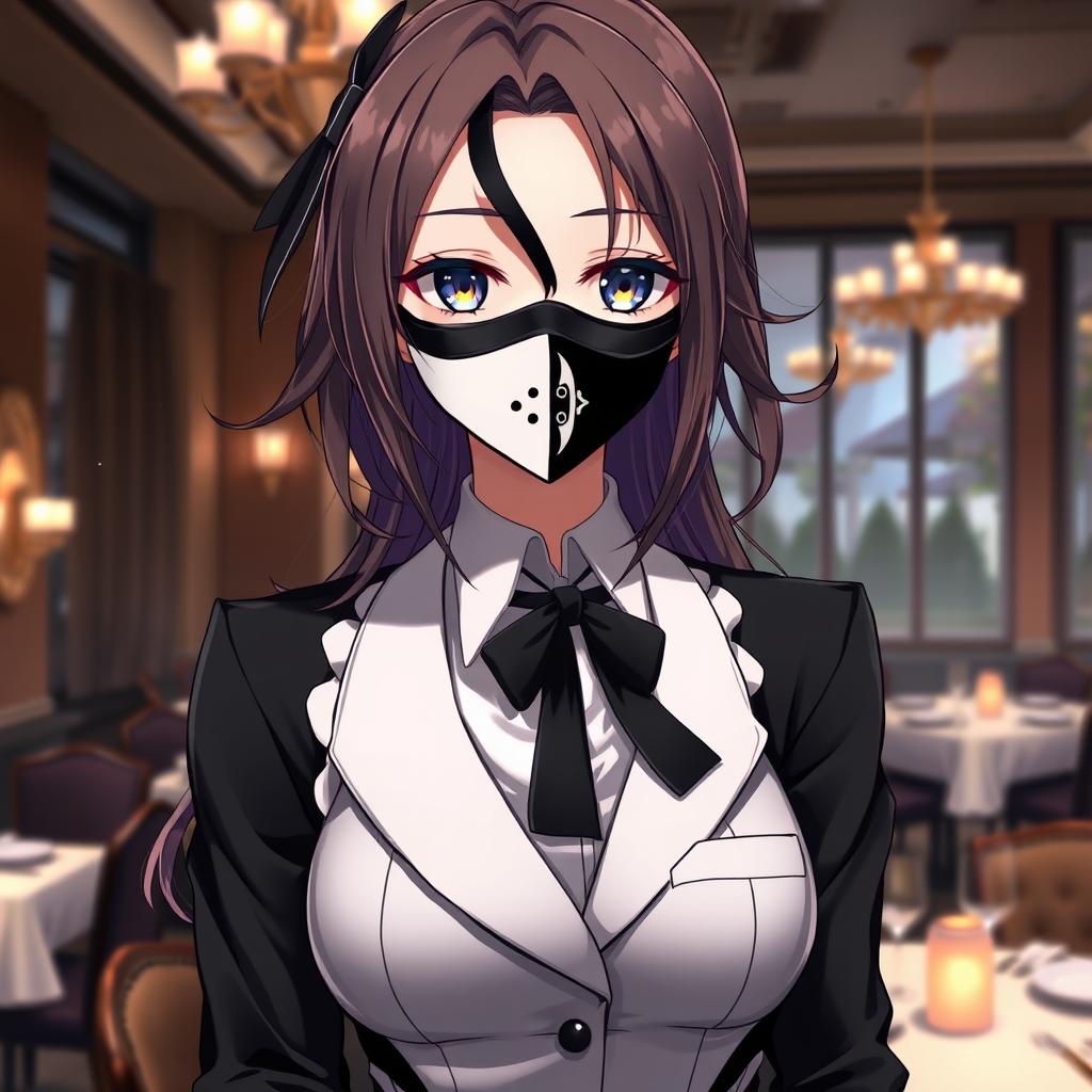 An enchanting anime female character wearing a half black and half white mask that covers her face, adding a layer of mystique