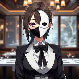 An enchanting anime female character wearing a half black and half white mask that covers her face, adding a layer of mystique