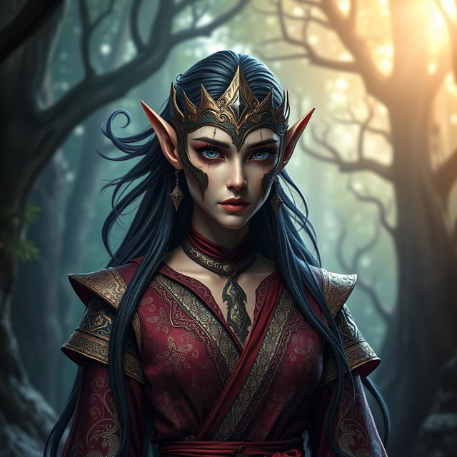 A striking tall elf character whose features are highly angular, accentuated by deep dark eyes and flowing dark hair