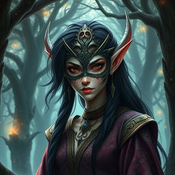 A striking tall elf character whose features are highly angular, accentuated by deep dark eyes and flowing dark hair