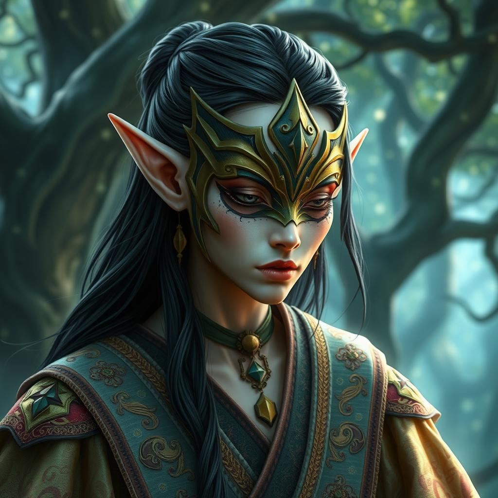 A striking tall elf character whose features are highly angular, accentuated by deep dark eyes and flowing dark hair