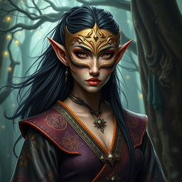A striking tall elf character whose features are highly angular, accentuated by deep dark eyes and flowing dark hair