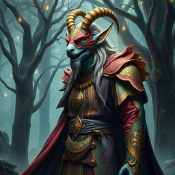 A majestic tall male elf adorned in elaborate ornate robes that flow gracefully around him, showcasing intricate patterns and vibrant colors that reflect his noble heritage