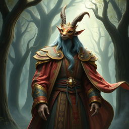 A majestic tall male elf adorned in elaborate ornate robes that flow gracefully around him, showcasing intricate patterns and vibrant colors that reflect his noble heritage