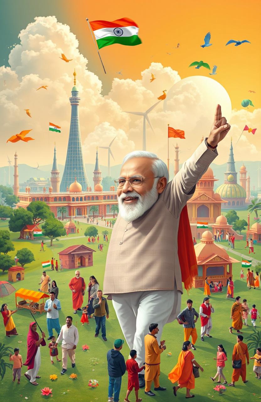 A vibrant and dynamic representation of a modern India inspired by Narendra Modi's vision