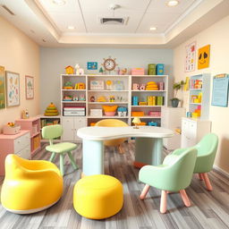A playful and engaging psychological counseling office designed specifically for children, featuring a whimsical desk and furniture that caters to their needs
