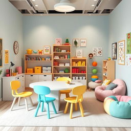 A playful and engaging psychological counseling office designed specifically for children, featuring a whimsical desk and furniture that caters to their needs