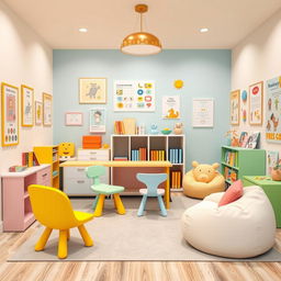 A playful and engaging psychological counseling office designed specifically for children, featuring a whimsical desk and furniture that caters to their needs