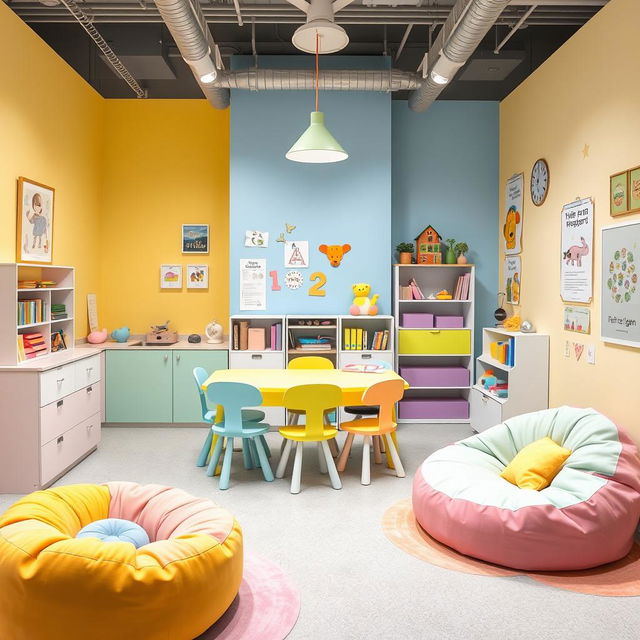 A playful and engaging psychological counseling office designed specifically for children, featuring a whimsical desk and furniture that caters to their needs