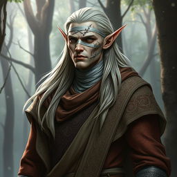 A tall male elf with a strikingly angular and strong build, dressed in flowing ornate robes that feature intricate patterns and rich colors that signify his noble lineage