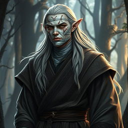 A tall male elf with a strikingly angular and strong build, dressed in flowing ornate robes that feature intricate patterns and rich colors that signify his noble lineage