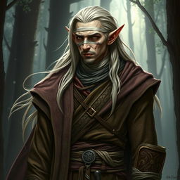A tall male elf with a strikingly angular and strong build, dressed in flowing ornate robes that feature intricate patterns and rich colors that signify his noble lineage