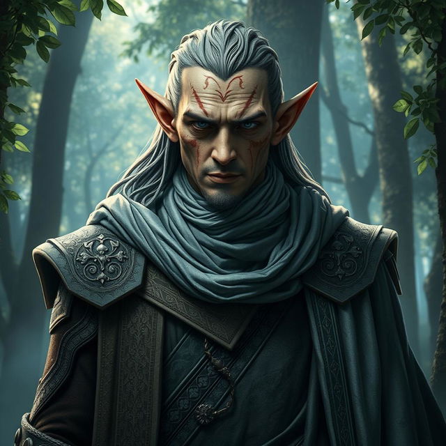 A tall male elf with a strikingly angular face, his features marked by numerous scars that tell stories of past battles