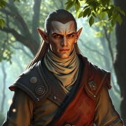 A tall male elf with a strikingly angular face, his features marked by numerous scars that tell stories of past battles