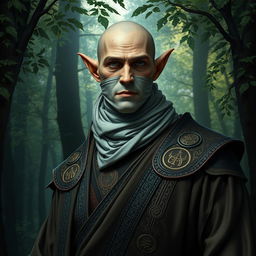 A tall male elf with a strikingly angular face, his features marked by numerous scars that tell stories of past battles
