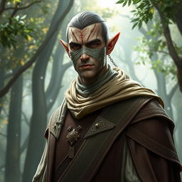 A tall male elf with a strikingly angular face, his features marked by numerous scars that tell stories of past battles