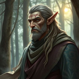 A tall male elf with an imposing stature, dressed in flowing ornate robes that exhibit intricate designs and colors reflecting his noble lineage