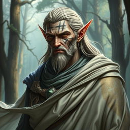 A tall male elf with an imposing stature, dressed in flowing ornate robes that exhibit intricate designs and colors reflecting his noble lineage