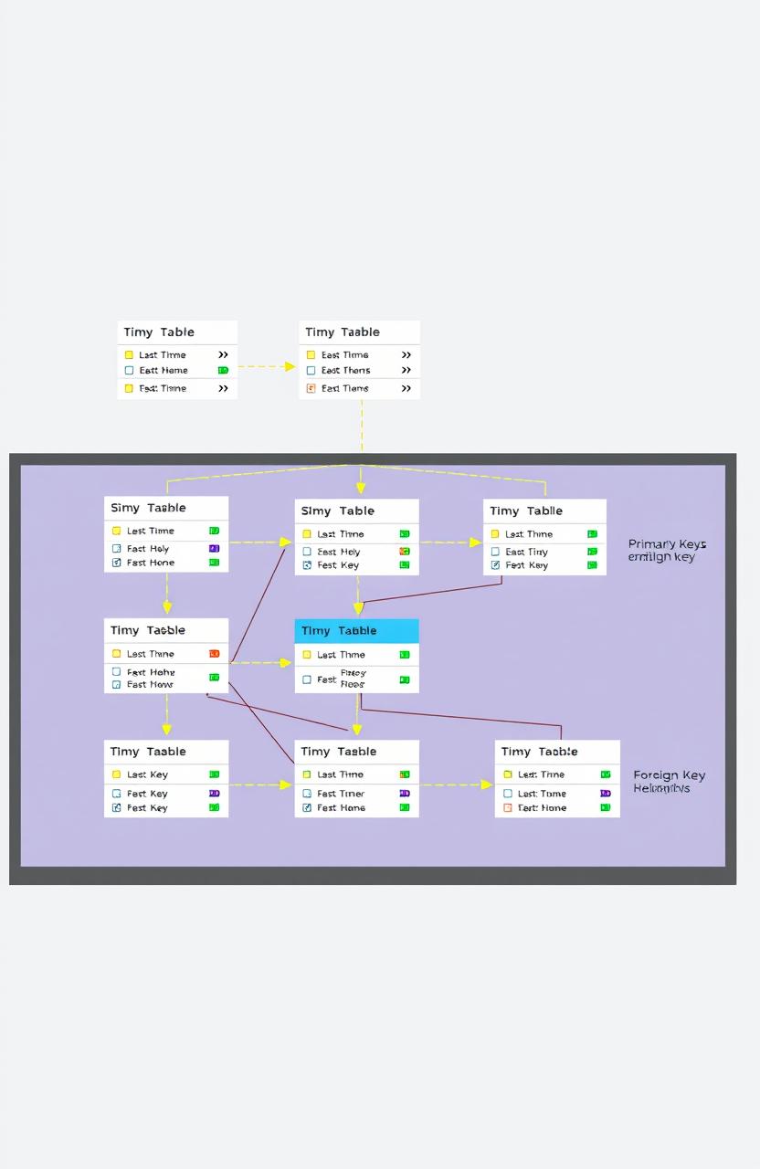 A professional and sleek database design concept, visualizing a complex relational database schema