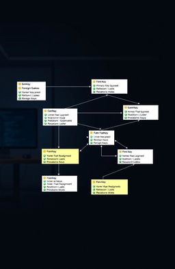 A professional and sleek database design concept, visualizing a complex relational database schema