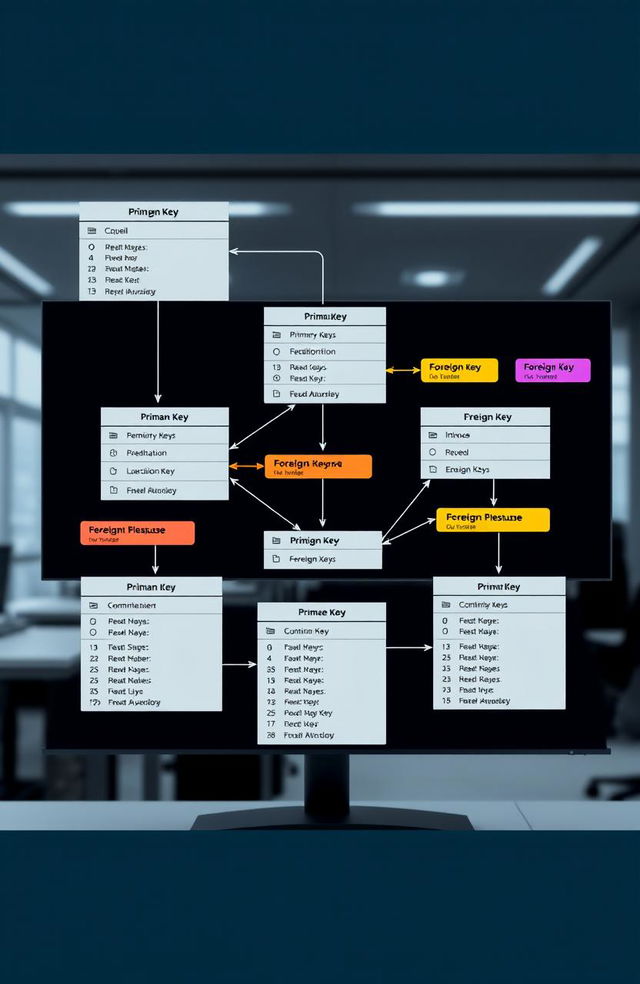 A professional and sleek database design concept, visualizing a complex relational database schema