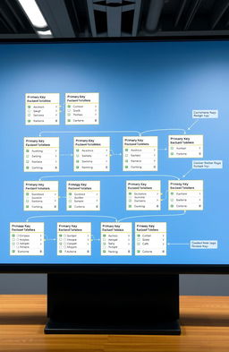 A professional and sleek database design concept, visualizing a complex relational database schema