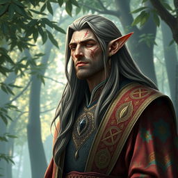 A tall male elf with an elegant and statuesque form, dressed in beautifully ornate robes adorned with intricate patterns and vibrant colors that reflect his royal heritage