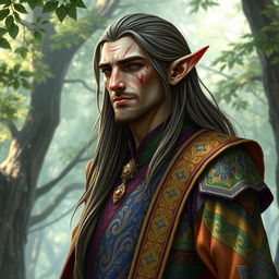 A tall male elf with an elegant and statuesque form, dressed in beautifully ornate robes adorned with intricate patterns and vibrant colors that reflect his royal heritage