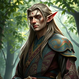 A tall male elf with an elegant and statuesque form, dressed in beautifully ornate robes adorned with intricate patterns and vibrant colors that reflect his royal heritage