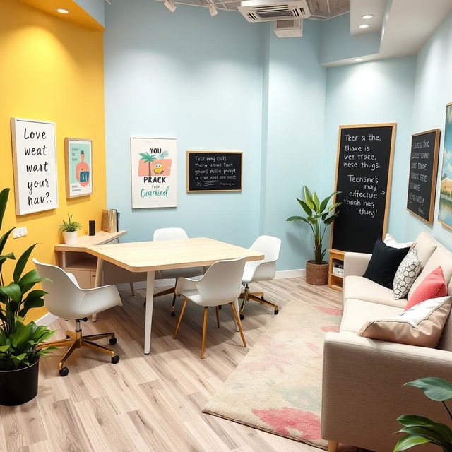 A contemporary and welcoming psychological counseling office designed specifically for teenagers, featuring a stylish desk and furniture suitable for adolescent comfort and engagement