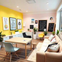 A contemporary and welcoming psychological counseling office designed specifically for teenagers, featuring a stylish desk and furniture suitable for adolescent comfort and engagement