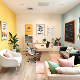 A contemporary and welcoming psychological counseling office designed specifically for teenagers, featuring a stylish desk and furniture suitable for adolescent comfort and engagement