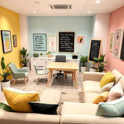 A contemporary and welcoming psychological counseling office designed specifically for teenagers, featuring a stylish desk and furniture suitable for adolescent comfort and engagement