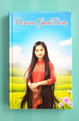 A captivating book cover for 'Pesona Gadis Desa' featuring a beautiful village girl with long, flowing black hair wearing a traditional Indonesian kebaya