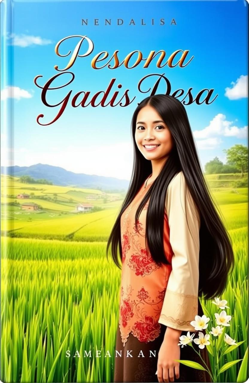 A captivating book cover for 'Pesona Gadis Desa' featuring a beautiful village girl with long, flowing black hair wearing a traditional Indonesian kebaya