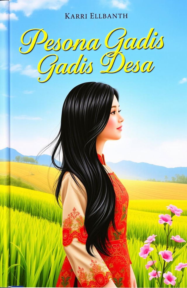 A captivating book cover for 'Pesona Gadis Desa' featuring a beautiful village girl with long, flowing black hair wearing a traditional Indonesian kebaya