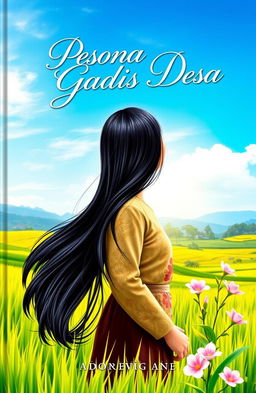 A captivating book cover for 'Pesona Gadis Desa' featuring a beautiful village girl with long, flowing black hair wearing a traditional Indonesian kebaya