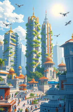 A futuristic vision of India in 2047, inspired by Modi's dreams for the country, showcasing a vibrant and technologically advanced metropolis