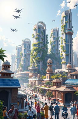 A futuristic vision of India in 2047, inspired by Modi's dreams for the country, showcasing a vibrant and technologically advanced metropolis