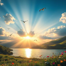 A stunning scene of a vibrant sunrise over a serene landscape, with rays of sunlight piercing through fluffy clouds, casting a golden glow on a tranquil lake