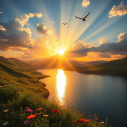 A stunning scene of a vibrant sunrise over a serene landscape, with rays of sunlight piercing through fluffy clouds, casting a golden glow on a tranquil lake