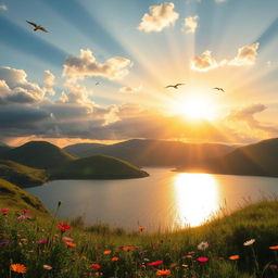 A stunning scene of a vibrant sunrise over a serene landscape, with rays of sunlight piercing through fluffy clouds, casting a golden glow on a tranquil lake