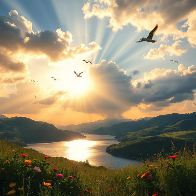 A stunning scene of a vibrant sunrise over a serene landscape, with rays of sunlight piercing through fluffy clouds, casting a golden glow on a tranquil lake