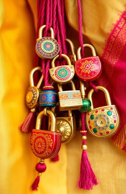 A vibrant and colorful depiction of traditional Indian locks (taals) in various styles, beautifully detailed