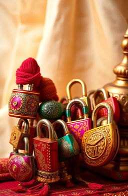 A vibrant and colorful depiction of traditional Indian locks (taals) in various styles, beautifully detailed