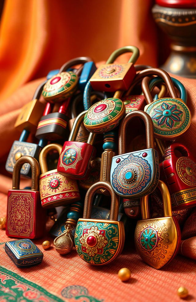 A vibrant and colorful depiction of traditional Indian locks (taals) in various styles, beautifully detailed