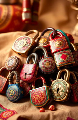 A vibrant and colorful depiction of traditional Indian locks (taals) in various styles, beautifully detailed