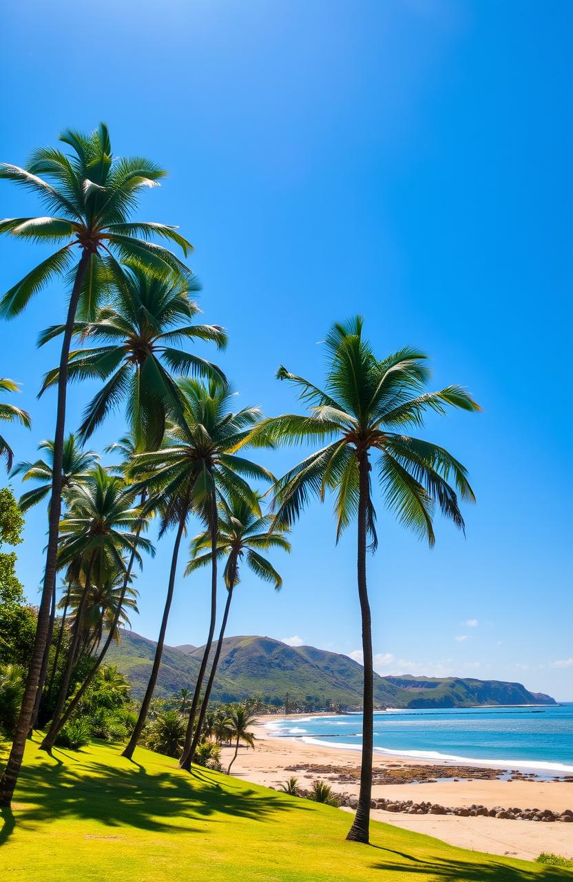 A picturesque landscape featuring tall palm trees under a clear blue sky, surrounded by lush greenery and gentle rolling hills